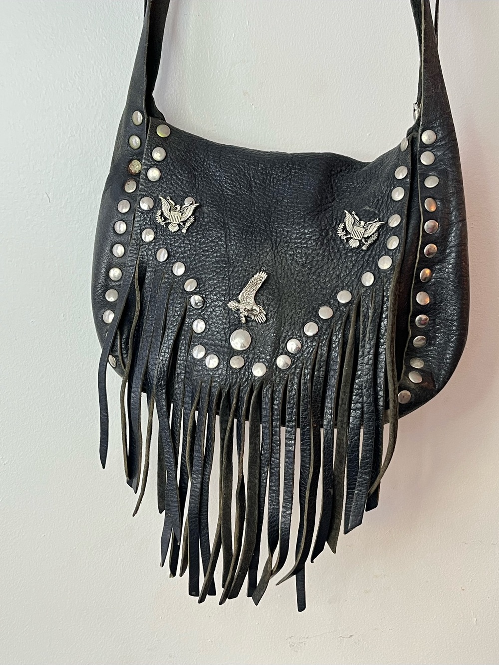 Vintage 80s/90s Black Pebble Leather Fringe Hobo Bag Studded Western Biker